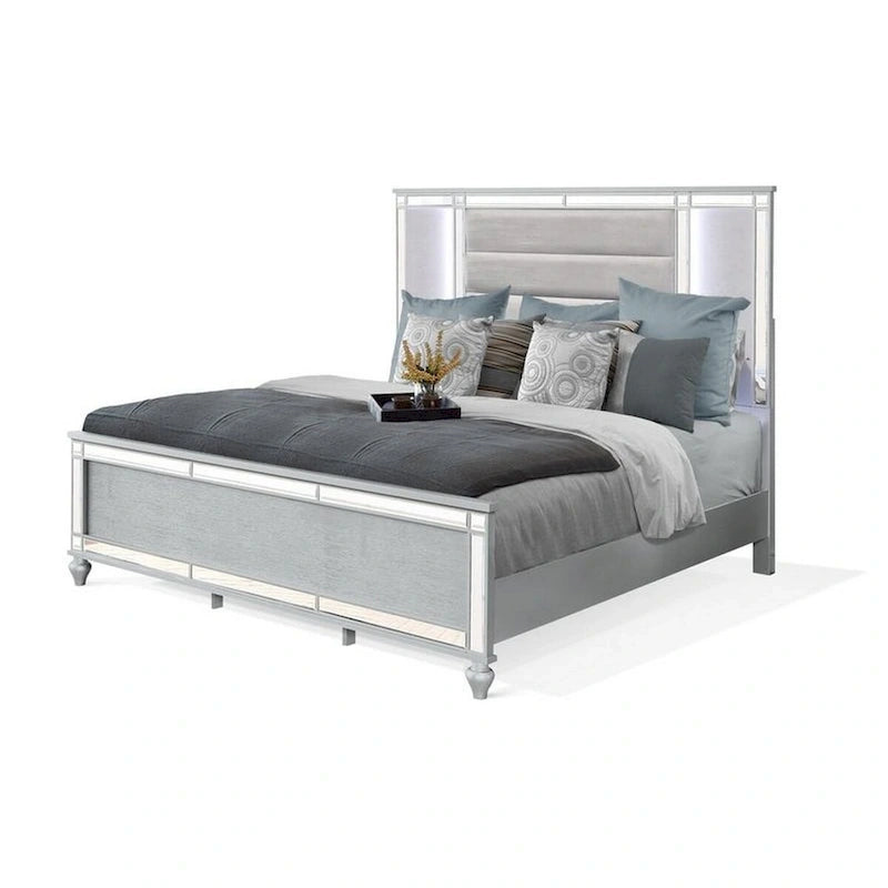 ern King Size Bed, LED, Mirror Trim, Silver Velvet Tufted Upholstery