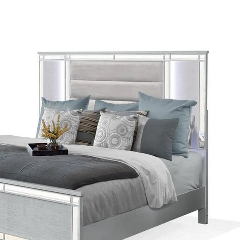 ern King Size Bed, LED, Mirror Trim, Silver Velvet Tufted Upholstery