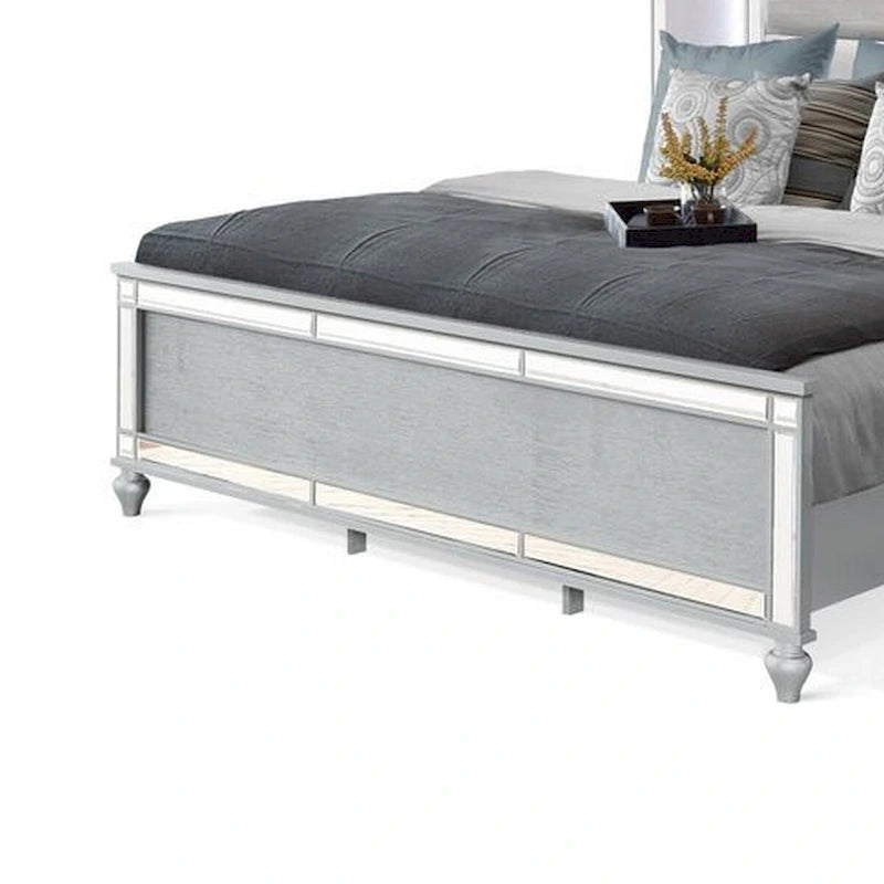 ern King Size Bed, LED, Mirror Trim, Silver Velvet Tufted Upholstery
