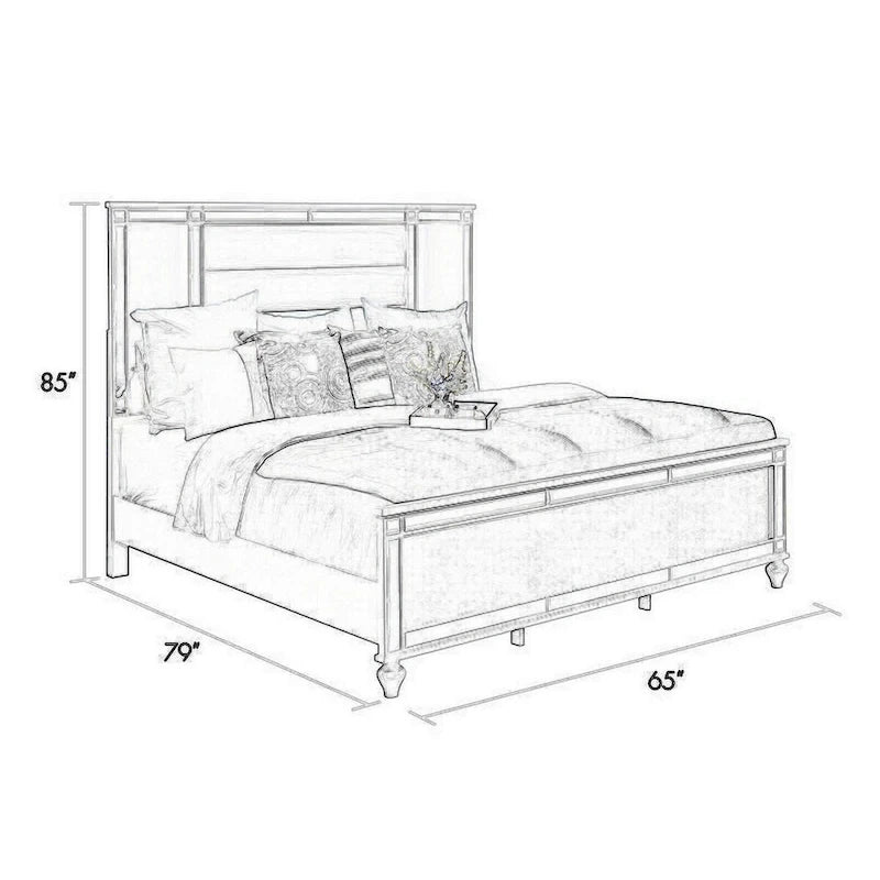 ern King Size Bed, LED, Mirror Trim, Silver Velvet Tufted Upholstery