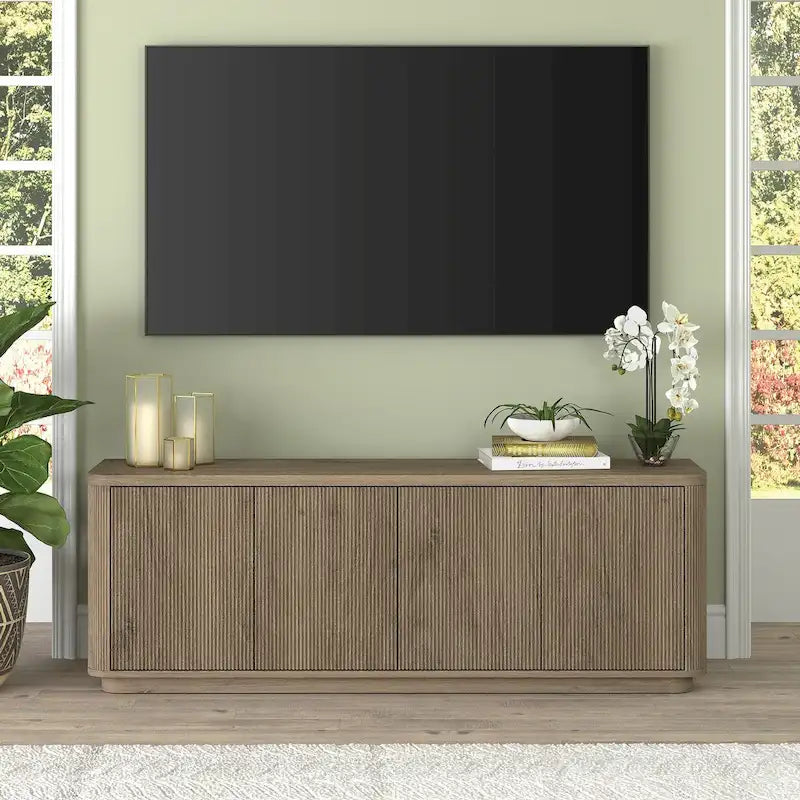 A rectangular TV cabinet, suitable for TVs with a width not exceeding 75-68 inches.