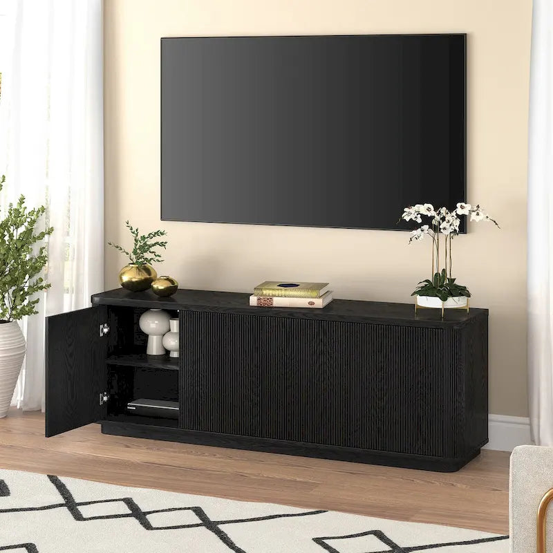 A rectangular TV cabinet, suitable for TVs with a width not exceeding 75-68 inches.