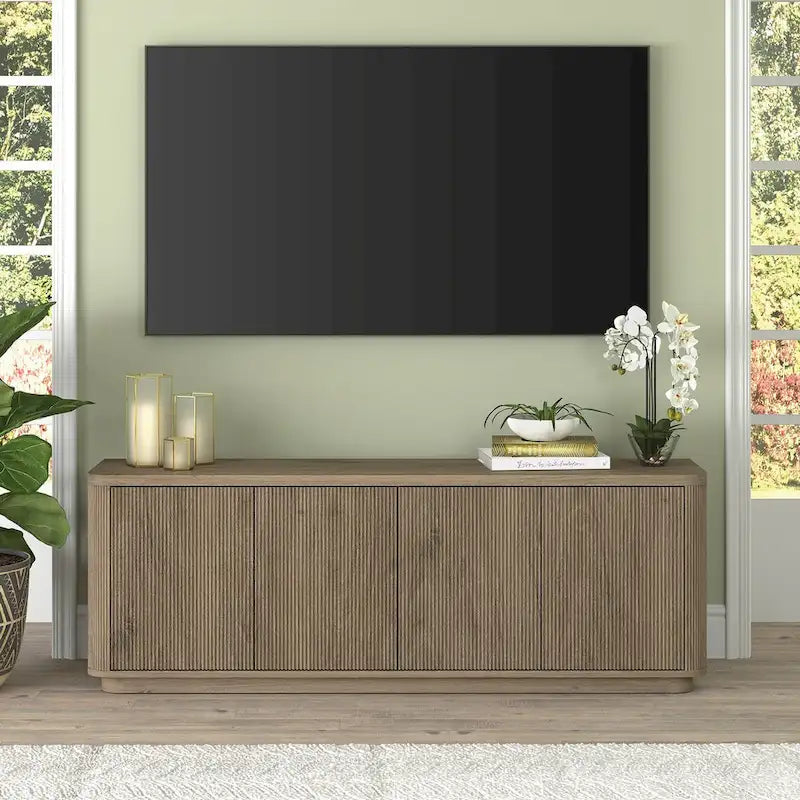 A rectangular TV cabinet, suitable for TVs with a width not exceeding 75-68 inches.