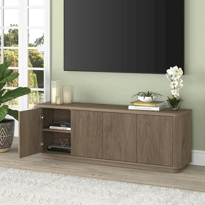 A rectangular TV cabinet, suitable for TVs with a width not exceeding 75-68 inches.