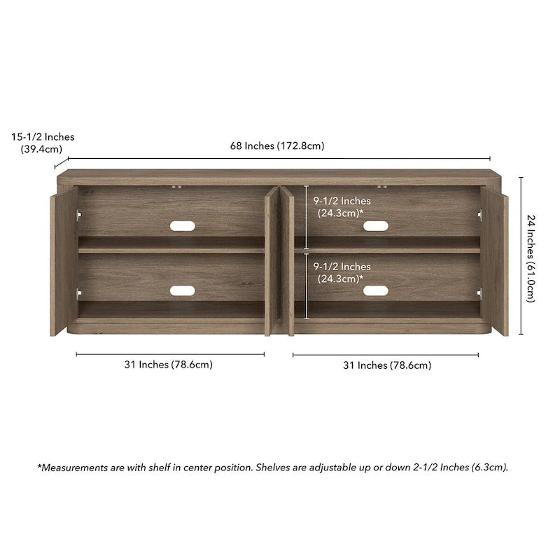 A rectangular TV cabinet, suitable for TVs with a width not exceeding 75-68 inches.