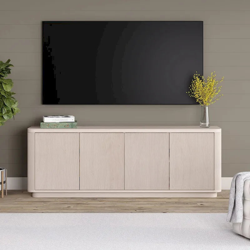 A rectangular TV cabinet, suitable for TVs with a width not exceeding 75-68 inches.