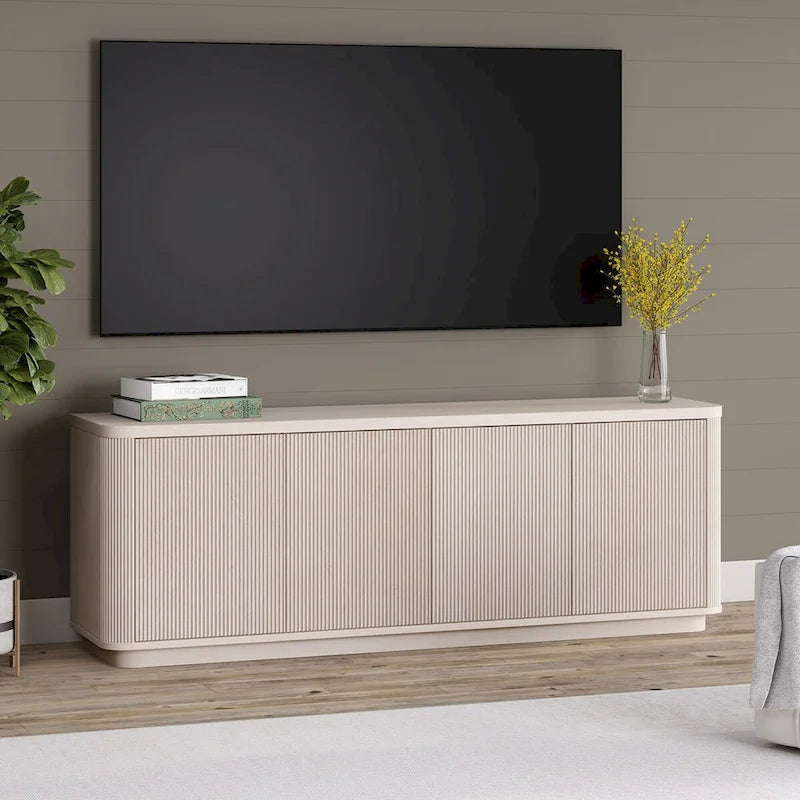 A rectangular TV cabinet, suitable for TVs with a width not exceeding 75-68 inches.