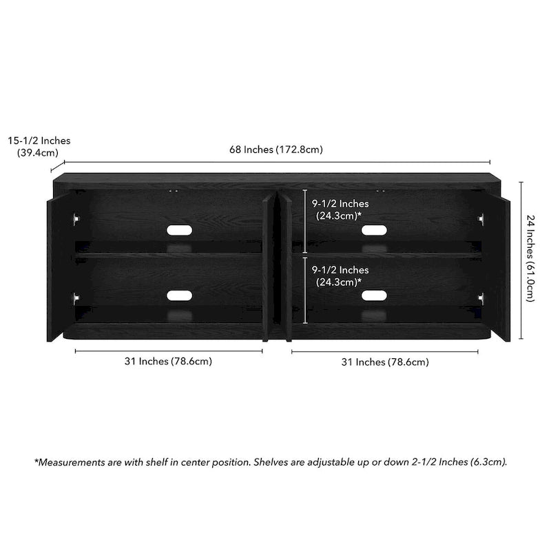 A rectangular TV cabinet, suitable for TVs with a width not exceeding 75-68 inches.