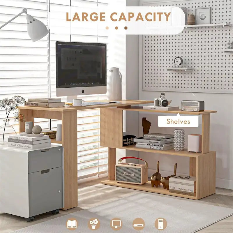 L Shaped Corner Desk,360 Degree Rotating Home Office Desk w/Shelves